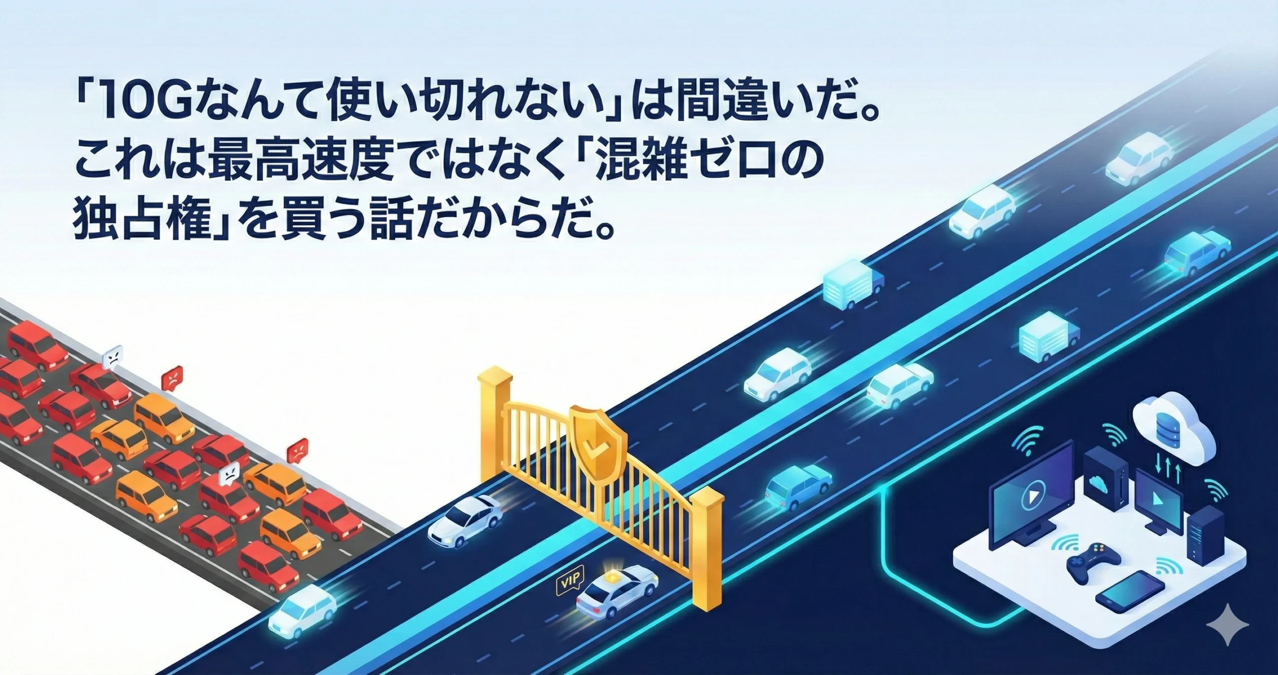 「10Gなんて使い切れない」は間違いだ。 これは最高速度ではなく「混雑ゼロの独占権」を買う話だからだ。