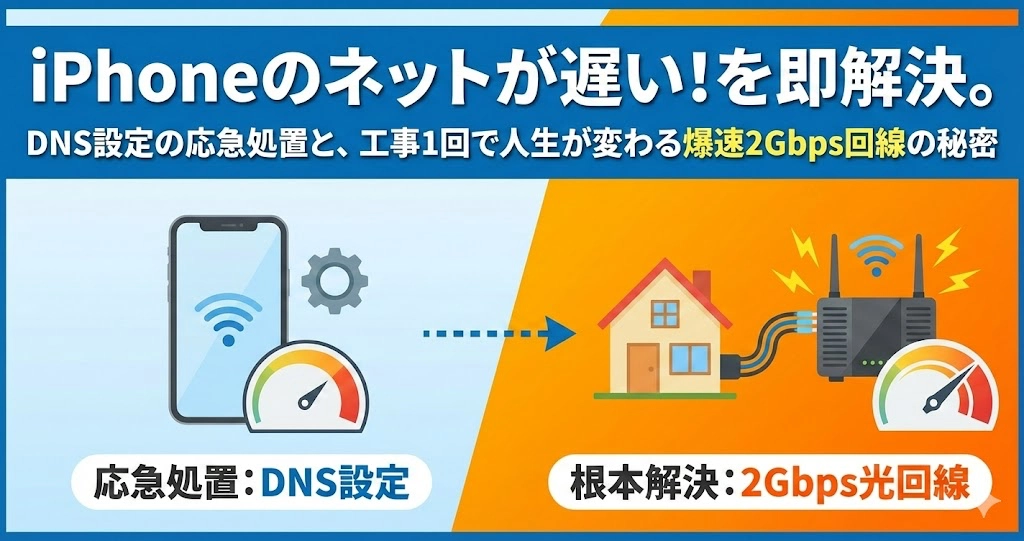 iPhoneのネットが遅い！を即解決。DNS設定の応急処置と、工事1回で人生が変わる爆速2Gbps回線の秘密