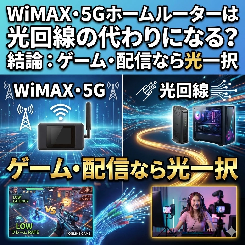 WiMAX・5Gホームルーターは光回線の代わりになる?結論:ゲーム・配信なら光一択