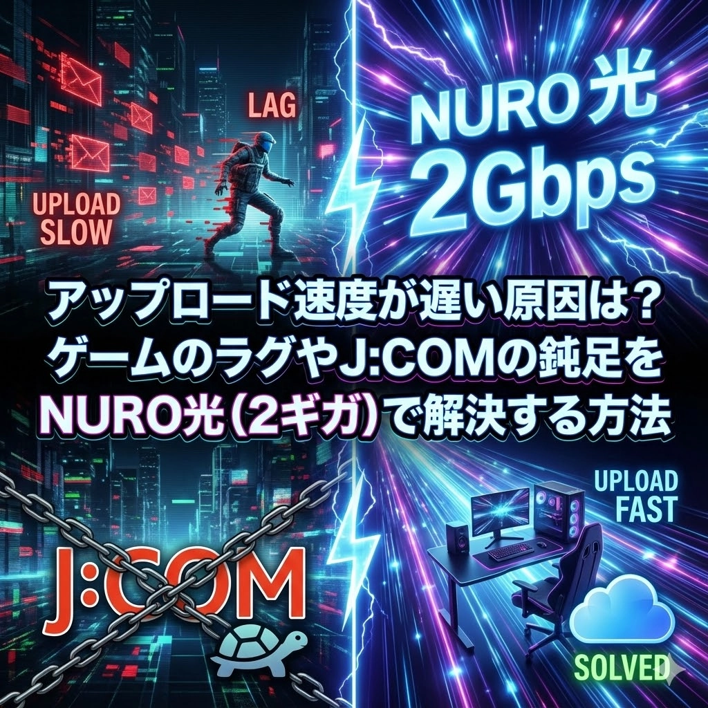 アップロード速度が遅い原因は？ゲームのラグやJ:COMの鈍足をNURO光（2ギガ）で解決する方法