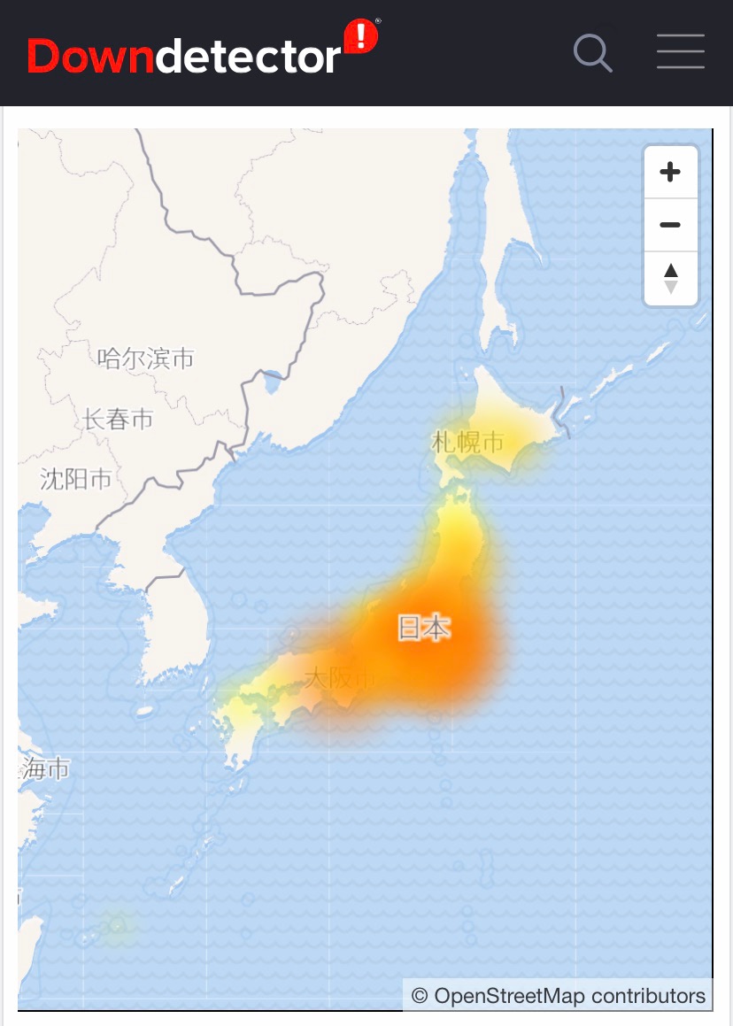 2019/12/25のNTT東日本 障害発生エリア (ダウンディテクター)